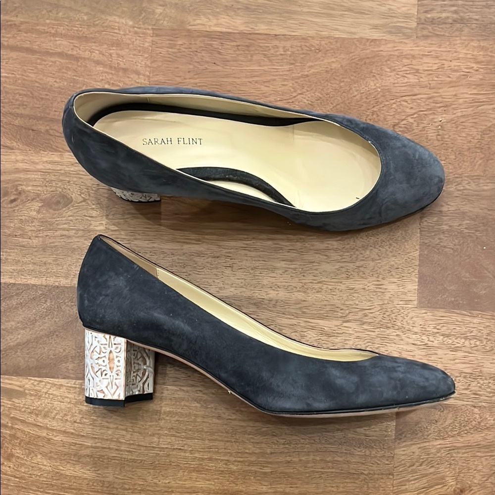 Sarah Flint Grey Suede Heels with Mother of Pearl Block Heel